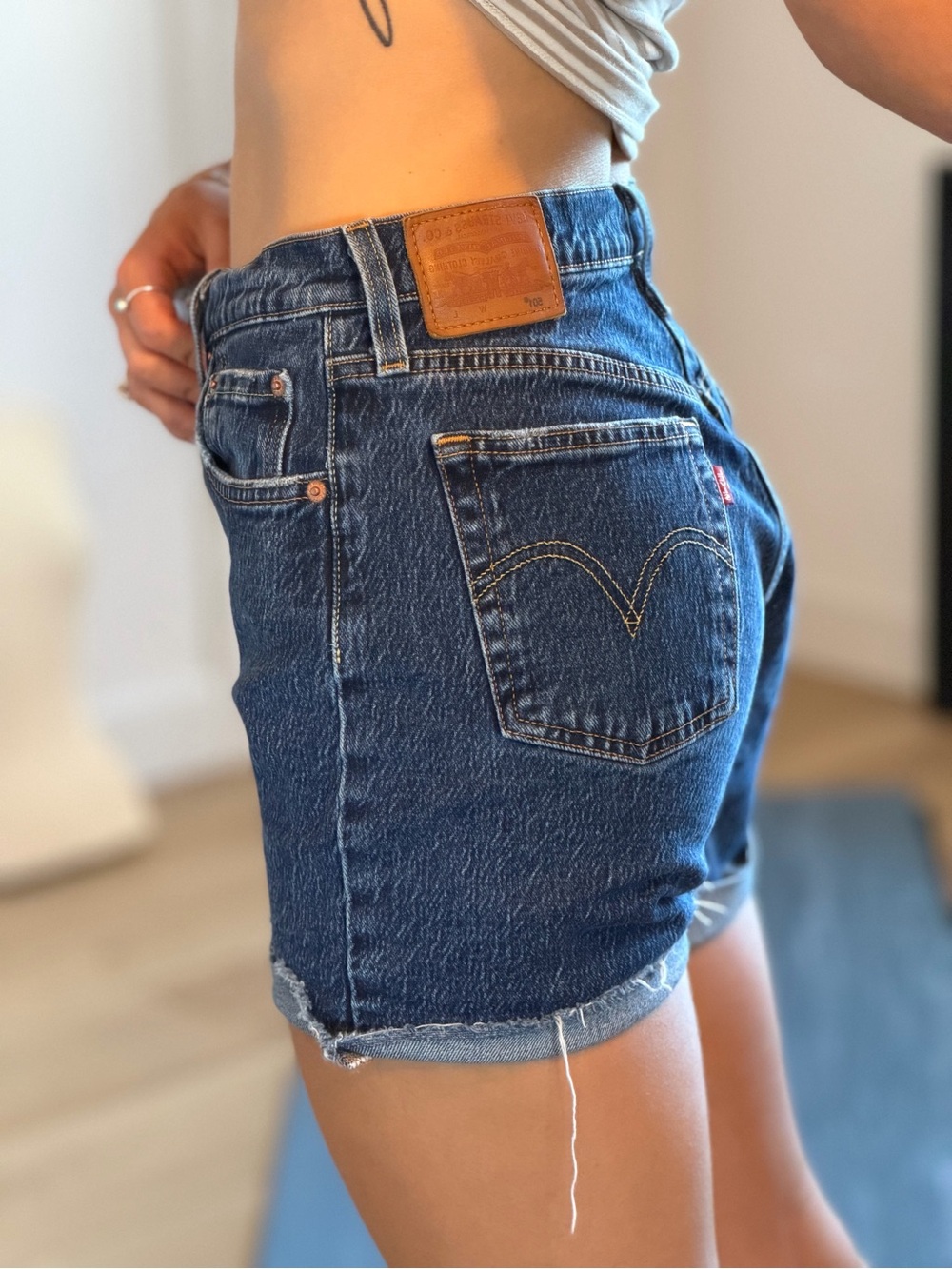 Levi's Indigo Raw-Hem High-Rise Denim Shorts - Picture 2 of 4